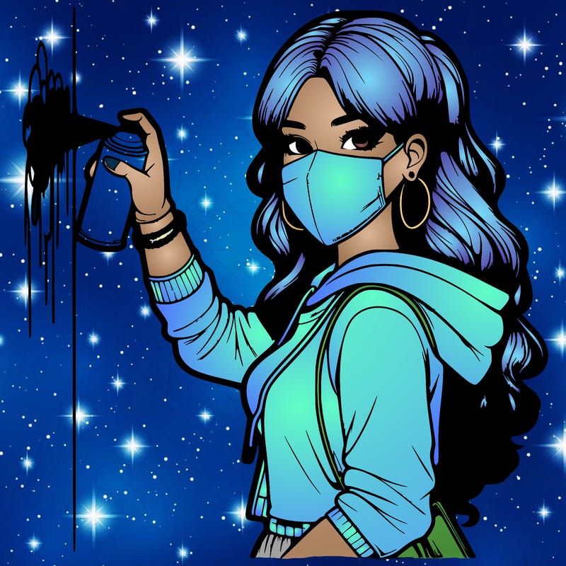 realistic girl with mask spray painting a wall