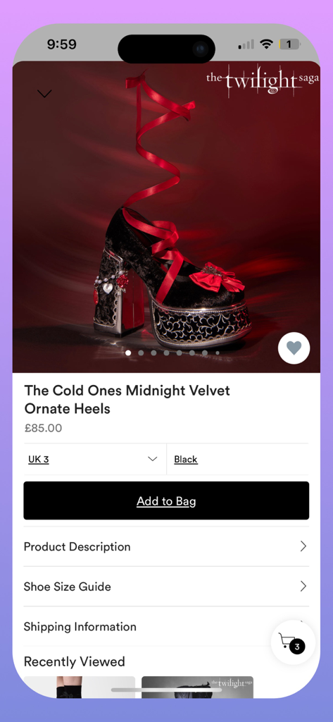 KOI Footwear. - I tacchi ornati Twilight Velvet di Cold Ones visualizzati sulla pagina del prodotto dell'app mobile KOI Footwear.