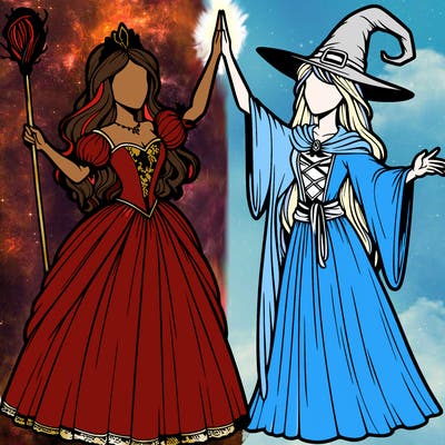 detailed realistic split of a princess and a witch
