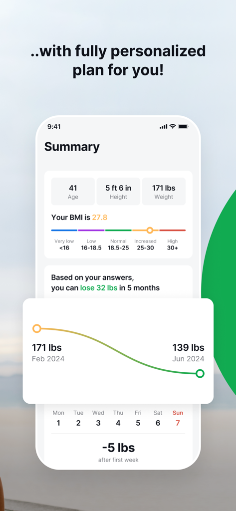 Joggo - Run Tracker & Coach - Joggo app summary screen showing weight loss goals BMI results and personalized progress graph
