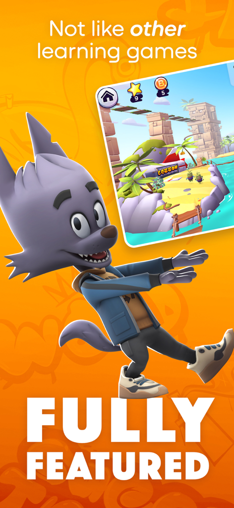 Word Tag: Lingo learning game - Word Tag app screenshot showing a 3D platformer game world and a cartoon wolf character