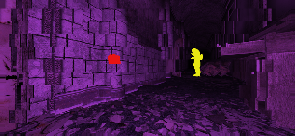 The Phenomenon - Una vista de visión nocturna púrpura de un pasillo oscuro en el juego de terror de supervivencia The Phenomenon, con una silueta amarilla brillante y un objeto resaltado en rojo.