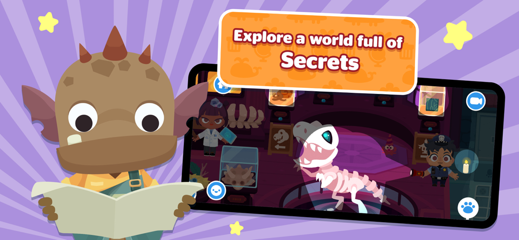A character reading a map in front of a museum scene featuring a dinosaur skeleton in Dr. Panda Town Tales
