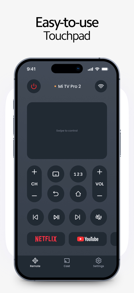 MI Remote・TV Box Controller - iPhone showing MI Remote app with touchpad navigation and shortcut buttons for Netflix and YouTube