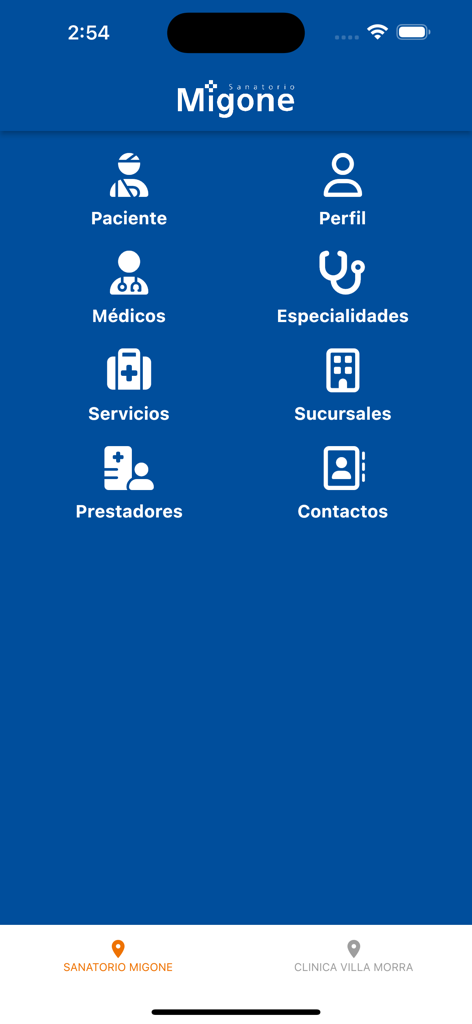 Sanatorio Migone - 환자 서비스, 의사 검색 및 전문 진료과를 보여주는 Sanatorio Migone 앱의 메인 메뉴