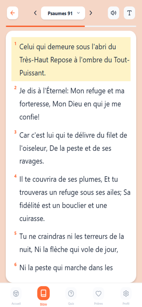 Screen displaying Psalm 91 in the French Louis Segond Bible mobile application