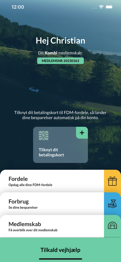 Mit FDM app home screen showing membership details, benefits menu, and roadside assistance button