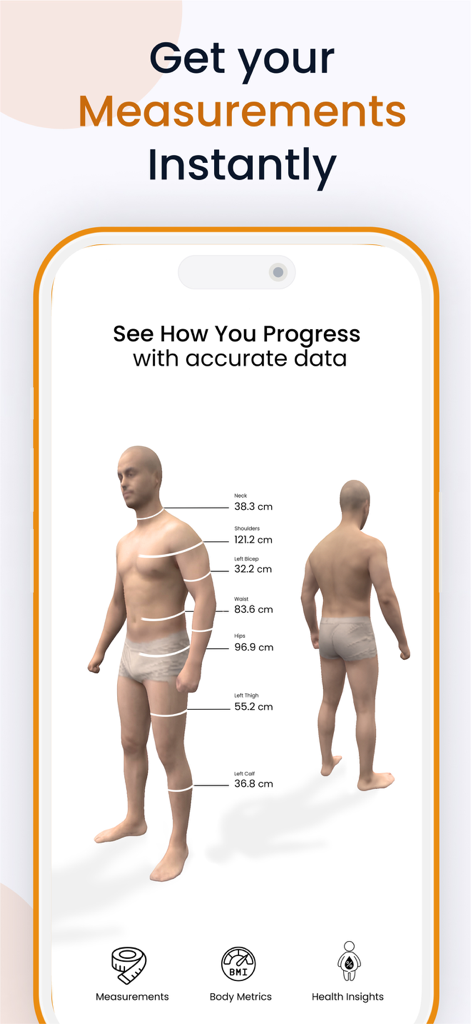 Fitycal - 3D Body Scan Tracker - Fitycal app showing a 3D body scan with precise circumference measurements for fitness tracking.