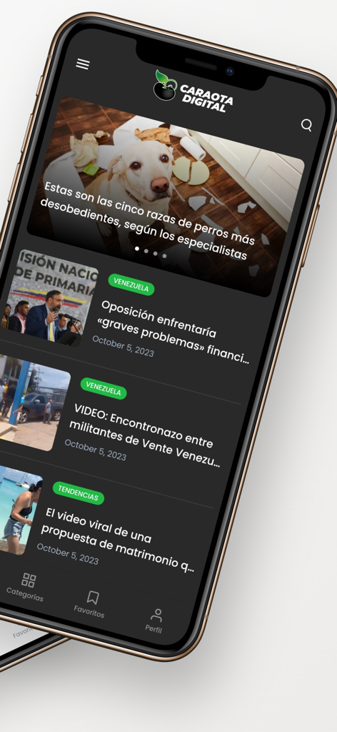 Interfaz de la aplicación de noticias Caraota Digital en un teléfono móvil mostrando un feed de artículos en español, incluyendo noticias sobre Venezuela y temas de tendencia.