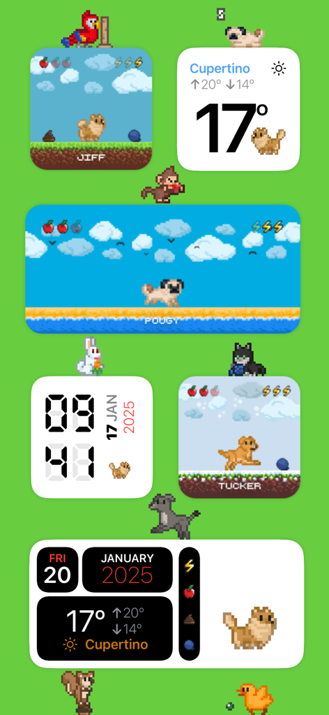 Pex: Watch face & Pet AI - Pixel art virtual pet widgets on an iPhone home screen with weather and clock