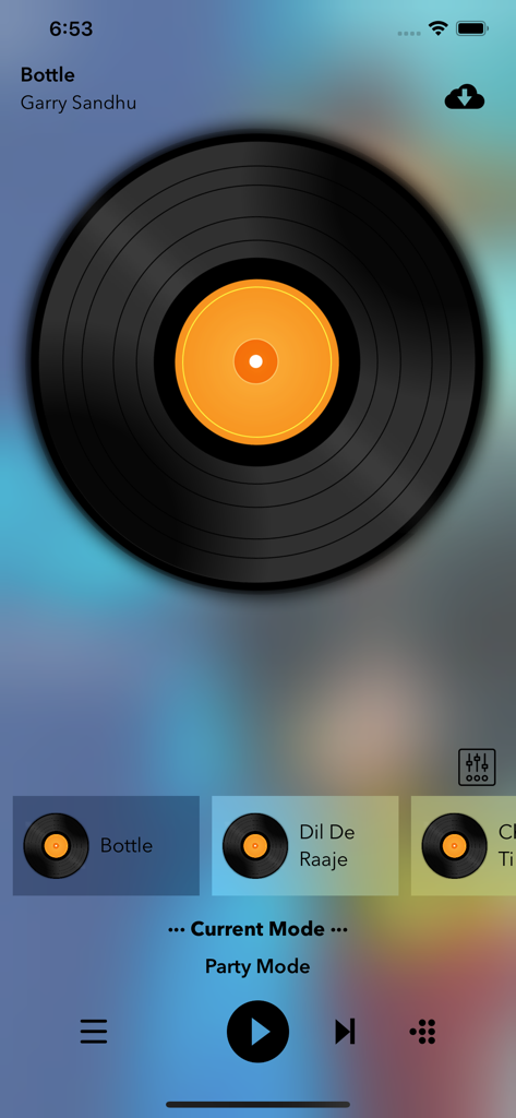 AutoMix DJ mobile app interface featuring a vinyl record and party mode settings