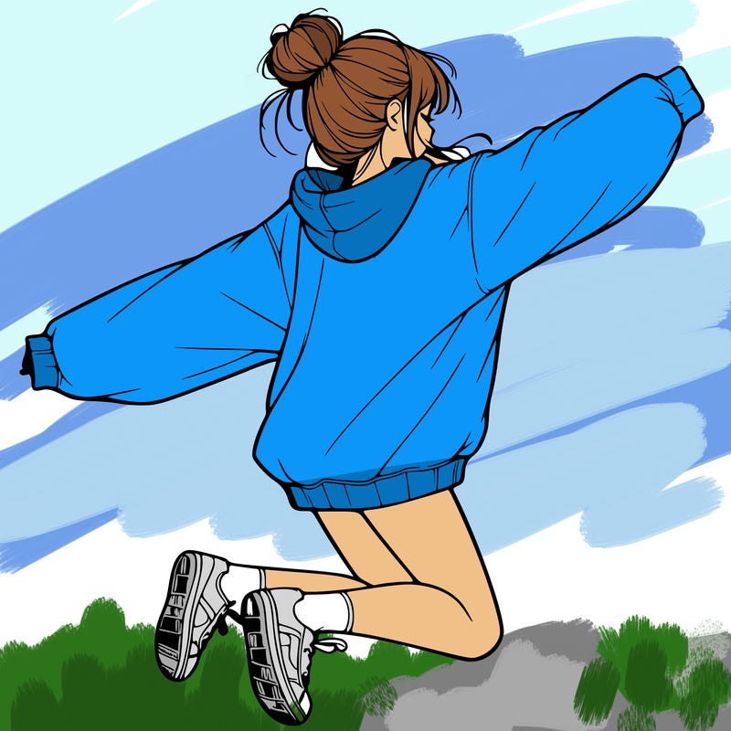realistic girl jumping with a bun and oversized sweatshirt