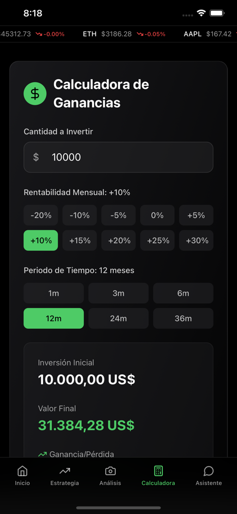 Tradeando - Interfaz de la calculadora de ganancias de la aplicación Tradeando que muestra una proyección de inversión.
