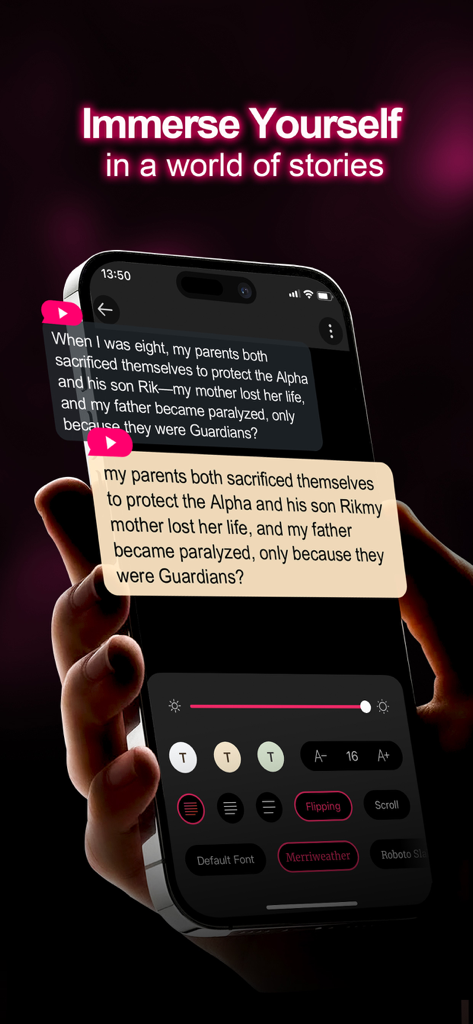 Booktok - Booktok Official App - Una pantalla de smartphone que muestra una novela web con un menú abierto para ajustar el estilo de fuente, el color de fondo y la configuración de brillo