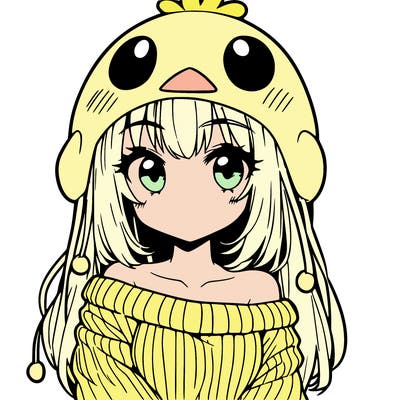 anime girl with chick shaped hat with sweater with bare shoulders with bangs covering them one eye with low tail