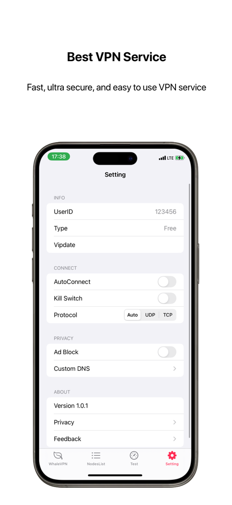 Whale VPN app settings screen displaying connection options like kill switch and protocol selection on an iPhone.