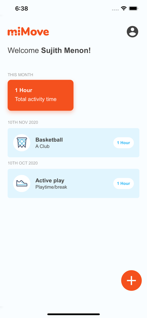 A mobile app interface for miMove showing a student activity dashboard with logs for basketball and active play