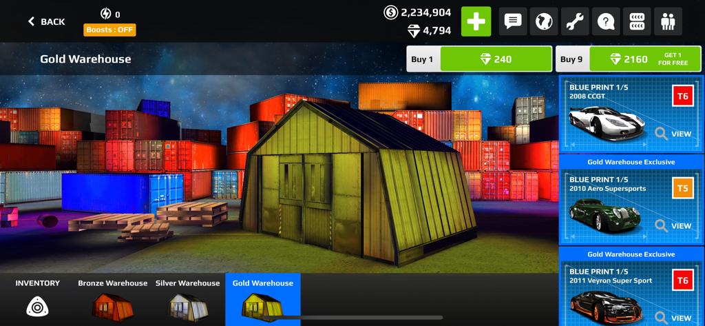 Rush Racing 2 - Drag Racing - Gold Warehouse interface in Rush Racing 2 showing reward crates and supercar blueprints