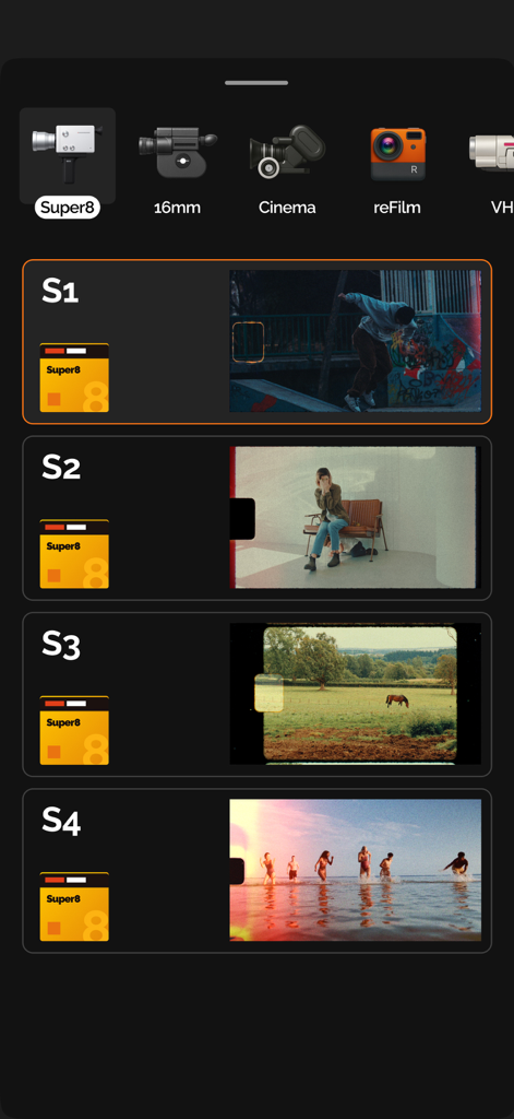 reFilm: Vintage Camera Filters - Interface of the reFilm app showing a selection of Super8 vintage camera filters with video preview thumbnails.