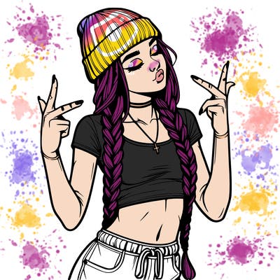 realistic teenage girl with braids and a beanie and crop top doing 🫶🏼