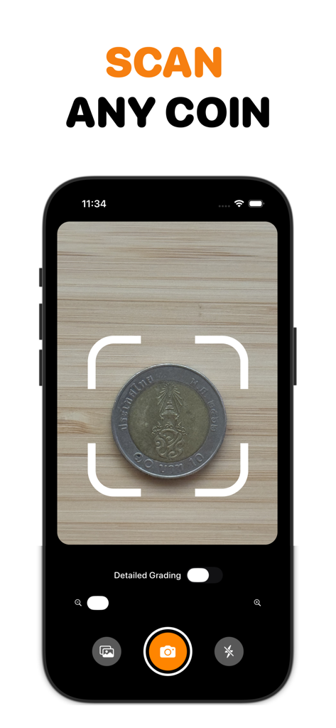 Coin Identifier: Worth Value - Una interfaz de aplicación móvil escaneando una moneda para identificación y valoración instantáneas.