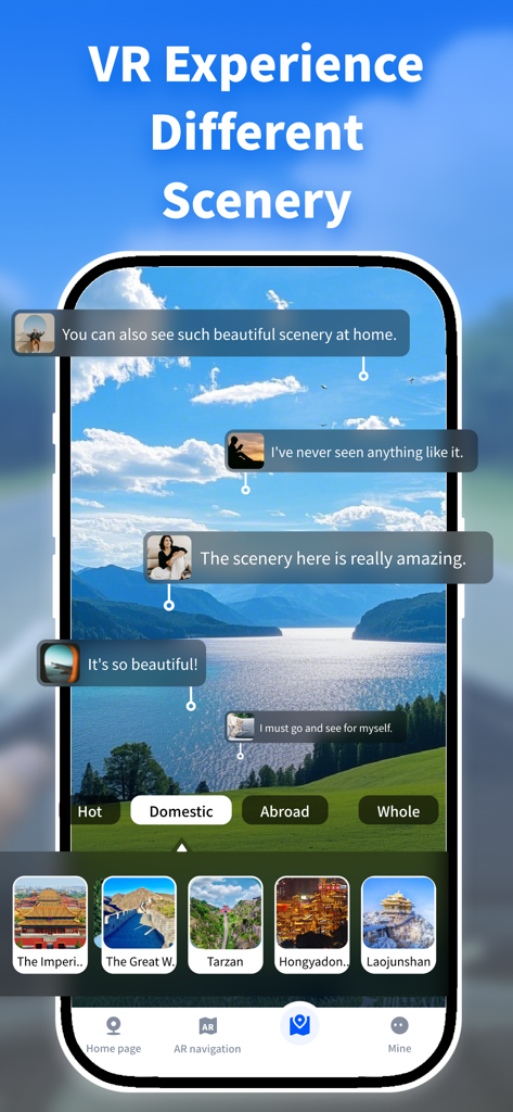 AR Maps Travel & Navigate - Oberfläche der AR Maps Travel und Navigate App, die eine virtuelle Panoramaansicht eines Bergsees mit Nutzerbewertungen zeigt
