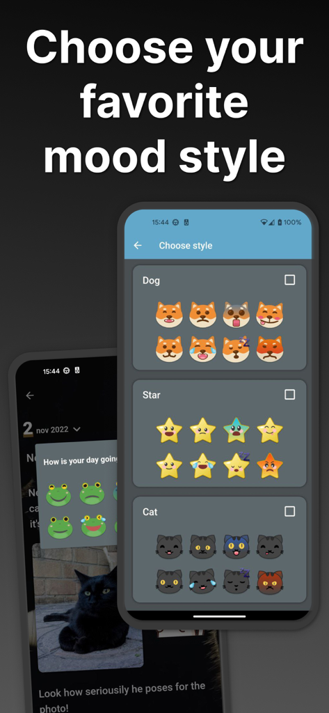My Secret Diary - Journal - Uma interface móvel para escolher ícones estéticos de rastreamento de humor, como cachorros, estrelas e gatos, para uma entrada de diário digital