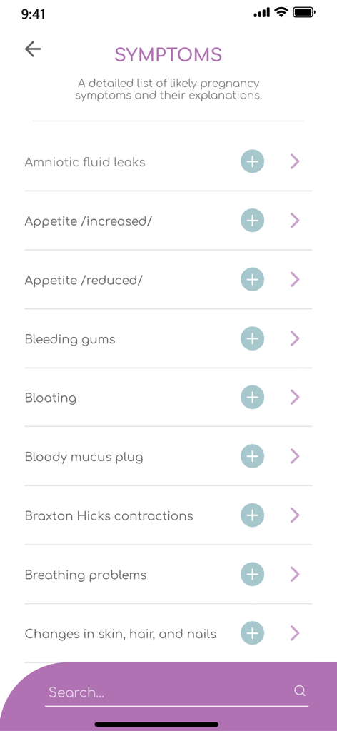 GAIA Pregnancy & Parenting - Interface of the GAIA app showing a list of common pregnancy symptoms for tracking and information