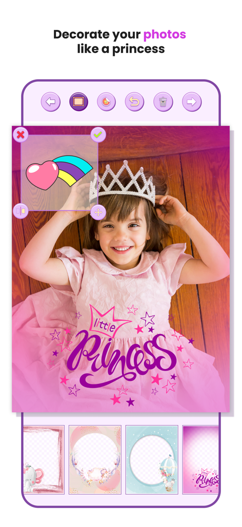 Rapunzel Coloring Book Games - Uma foto de uma menina decorada com uma coroa de princesa e adesivos cor-de-rosa usando o recurso de moldura de foto do aplicativo