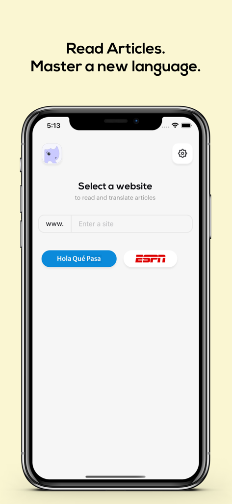 Interface de l'application Rino sur un smartphone montrant l'écran de sélection d'un site Web pour lire et traduire des articles dans une nouvelle langue.