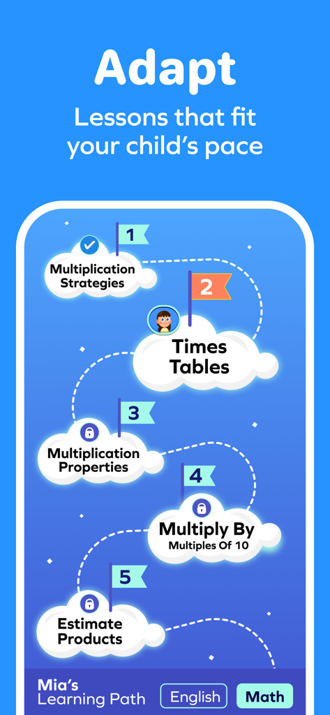 Splash Mini: Multiplication - Splash Mini 곱셈 앱에서 구구단 및 곱셈 전략 레슨이 포함된 적응형 학습 경로를 보여주는 인터페이스