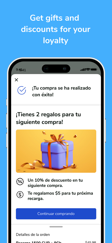 Cuballama has it all - Cuballama-App-Bildschirm, der Kundenbindungsgeschenke und Rabatte nach einem erfolgreichen Kauf anzeigt