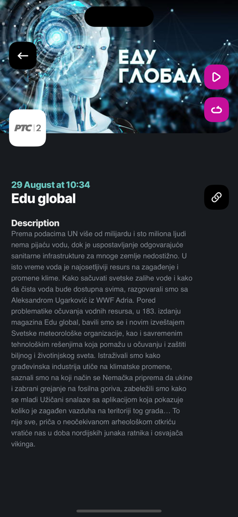 Screenshot der Orion TV App mit Programmdetails für die Sendung Edu Global auf dem Sender RTS 2.