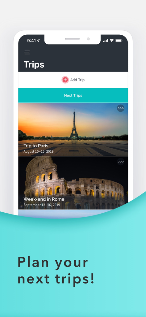 Interface of the Packr app showing a list of planned trips to Paris and Rome