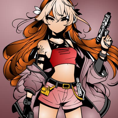 bad girl wearing crop top holding a gun long hair anime