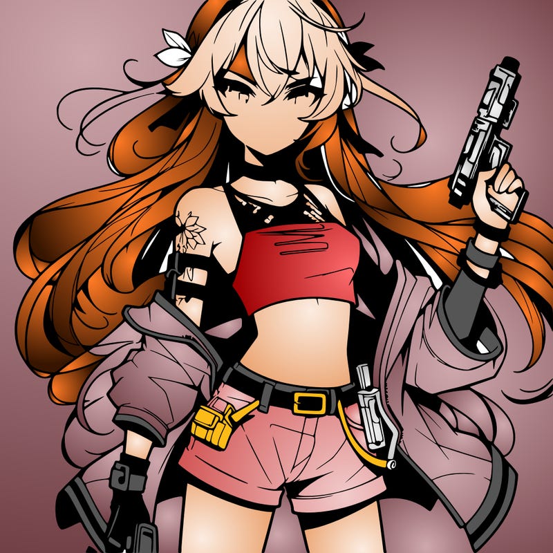 bad girl wearing crop top holding a gun long hair anime