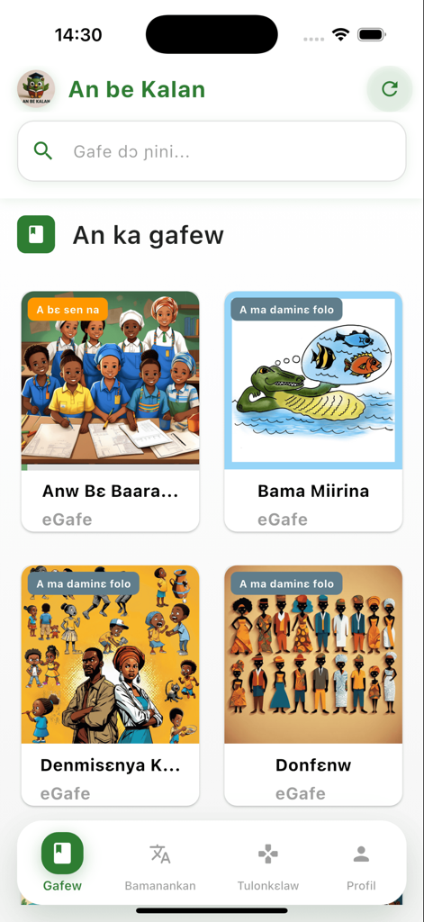 AN BE KALAN - Interfaz de la aplicación An be Kalan mostrando una biblioteca de libros interactivos para aprender el idioma Bambara