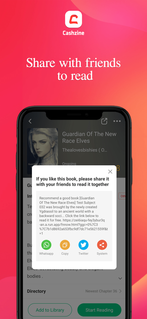Cashzine-Read Novels - Mobile app interface of Cashzine showing a share with friends popup for a web novel with social media sharing icons