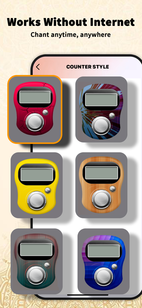 Japa Counter – Mantra Tracker - Japa Counter app showing different digital counter styles and offline chanting features