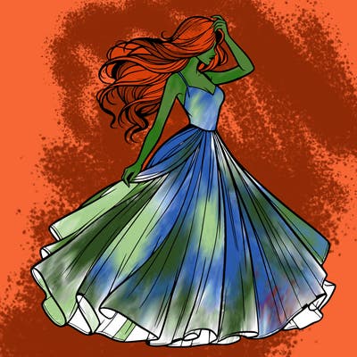 realistic woman with dress flowing in the wind