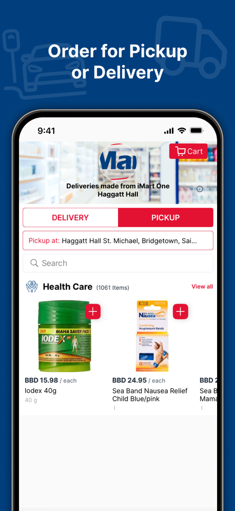 iMart Stores - Interface of iMart Stores app showing pharmacy and health care products with delivery and pickup options