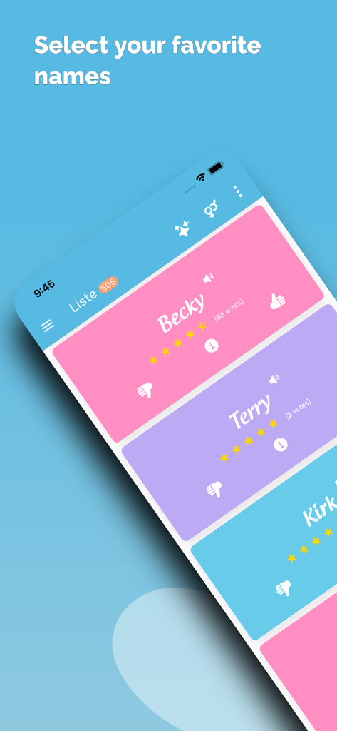 Mobile screen of the Baby Name Together app showing a list of names with color coded gender cards and rating icons