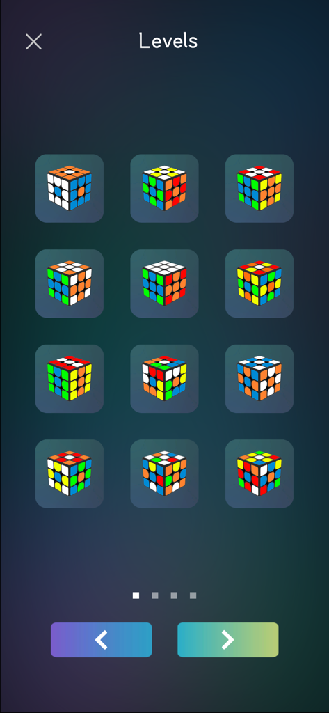 A grid display of various 3D Rubiks cube puzzle levels within the Puzzle School mobile app interface.