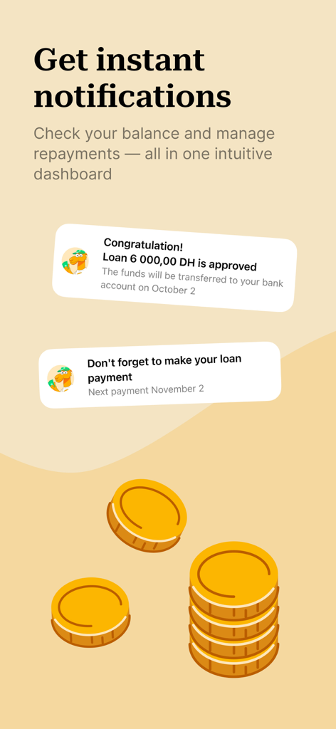 Credit Plus app screen showing instant notifications for loan approval and repayment reminders
