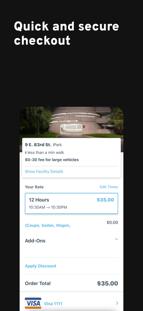 BestParking: Get Parking Deals - BestParking app showing a checkout screen for a 12 hour parking reservation at a garage