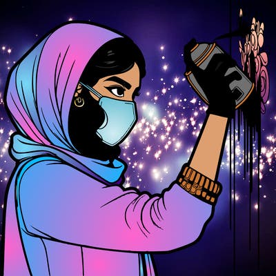 realistic girl with mask spray painting a wall