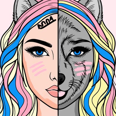 split face realistic woman and wolf