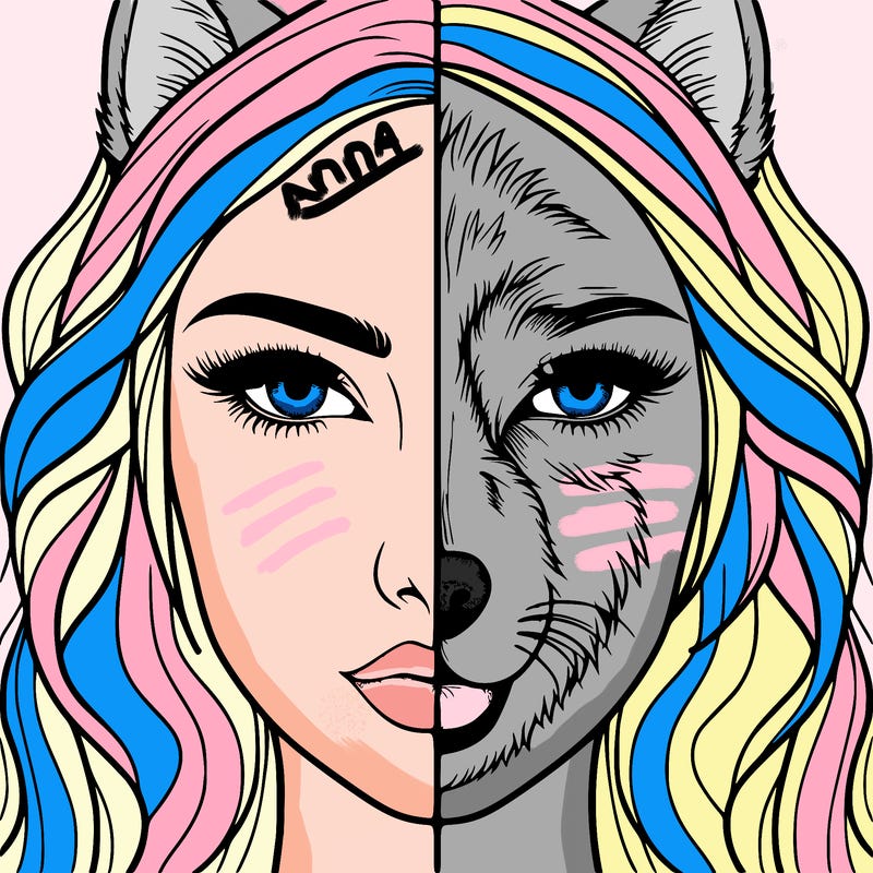 split face realistic woman and wolf