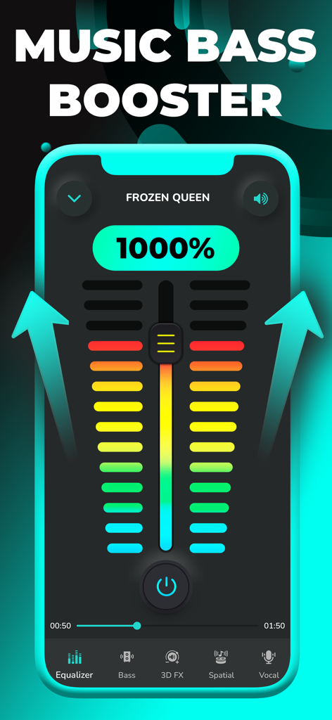 Volume Booster - Equalizer FX - Volume Booster app interface displaying a one thousand percent audio boost and colorful equalizer levels.