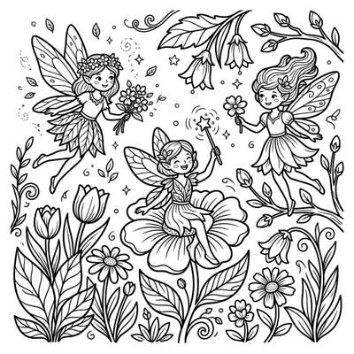 Welcome the beauty of spring with this delightful coloring page featuring cheerful fairies amidst blooming flowers. Designed especially for kids, it offers a magical and fun artistic experience.